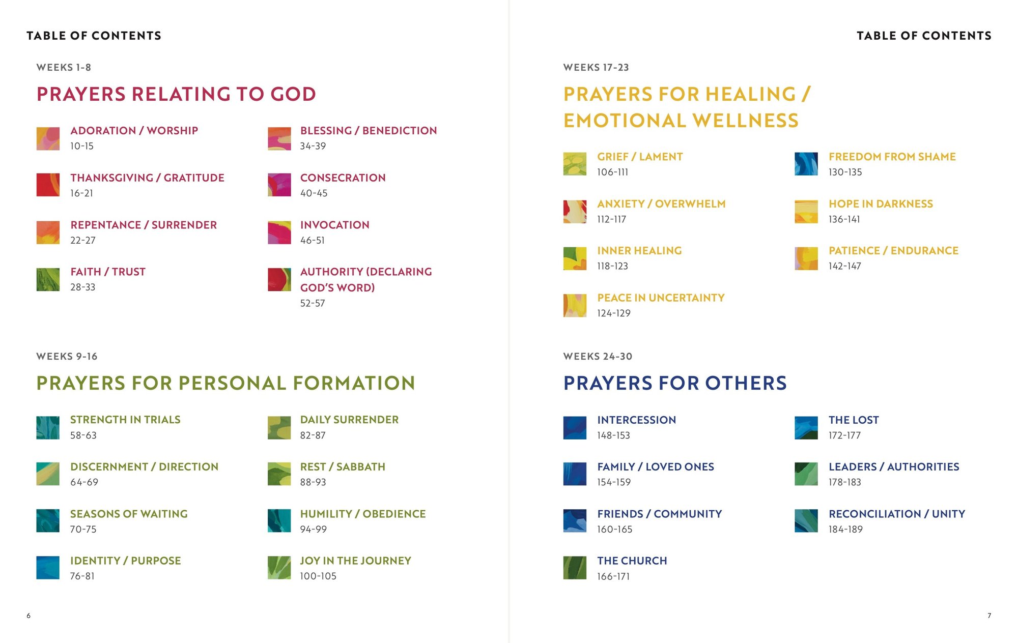 A Beautiful Year in Prayer: Interior spread, pp. 6-7, table of contents, weeks 1-30
