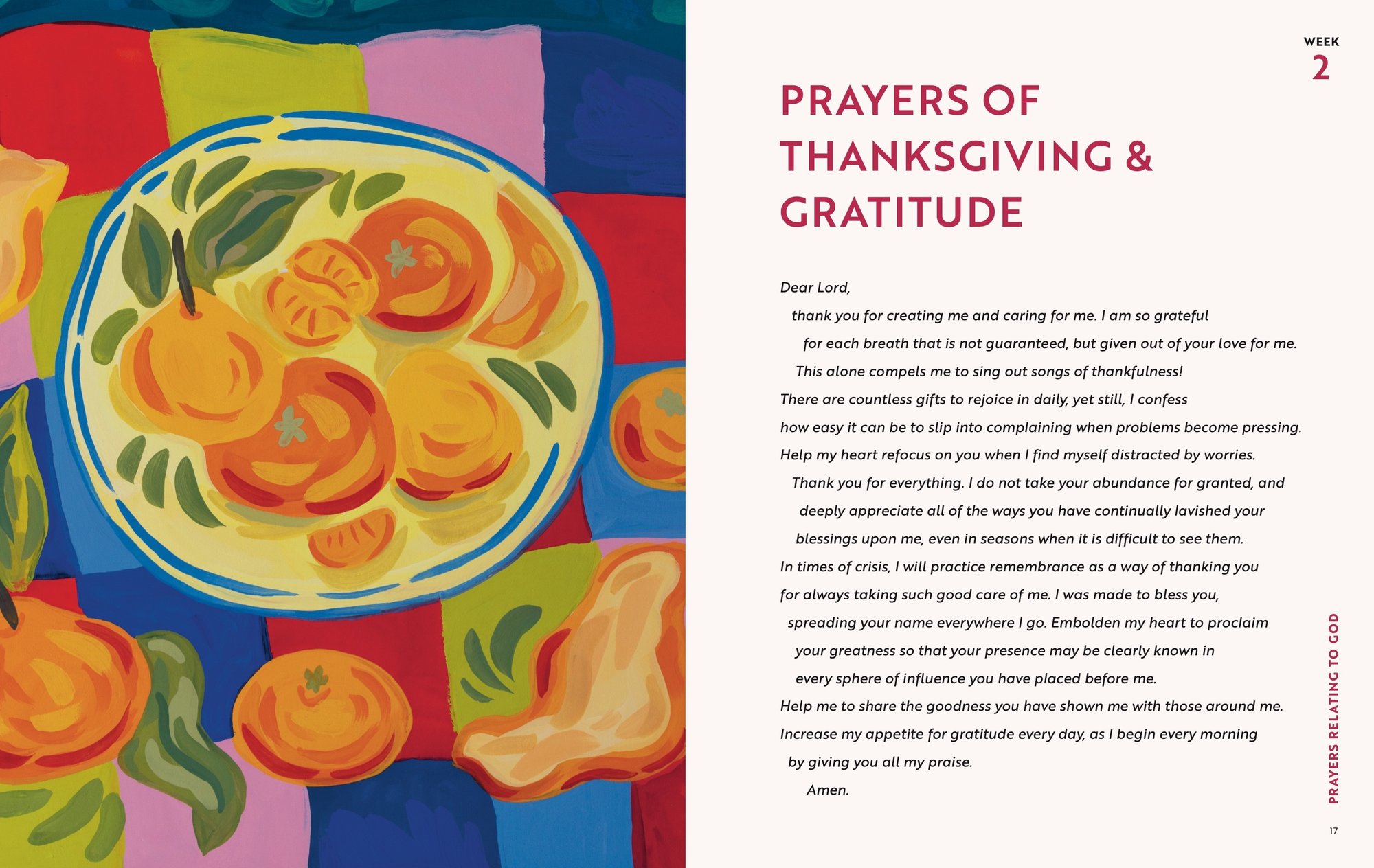 A Beautiful Year in Prayer: Interior spread, pp. 16-17, Week 2 opener, Prayers of Thanksgiving & Gratitude, artwork by Rachel Yumi Chung