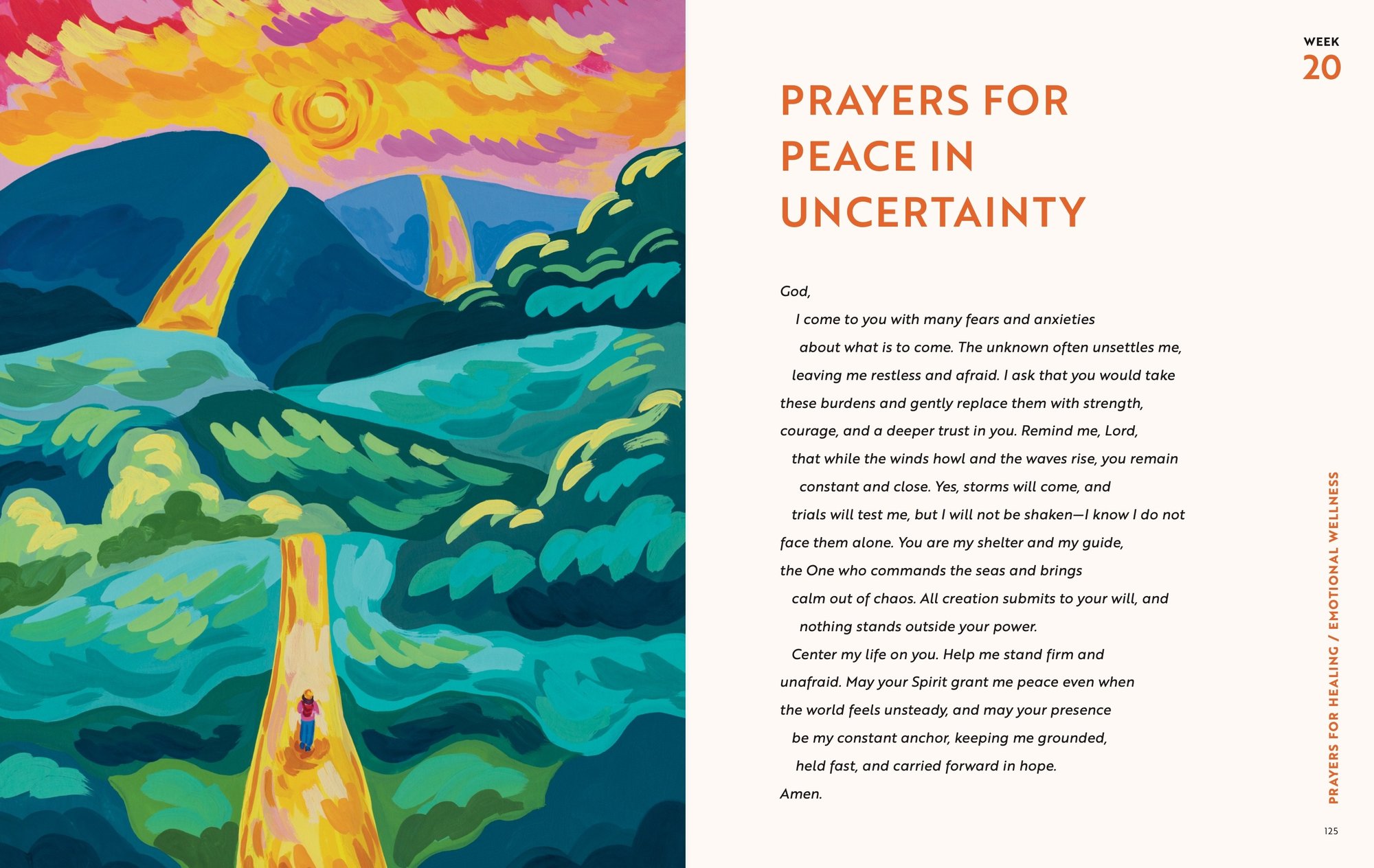 A Beautiful Year in Prayer: Interior spread, pp. 124-125, Week 20 opener, Prayers for Peace in Uncertainty, artwork by Rachel Yumi Chung