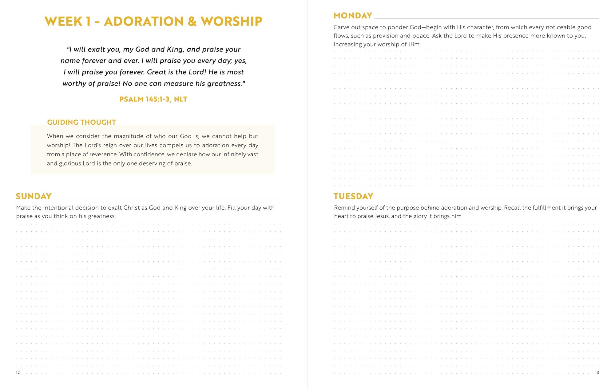 A Beautiful Year in Prayer: Interior spread, pp. 12-13, Week 1 scripture, guiding thought and daily journaling prompts