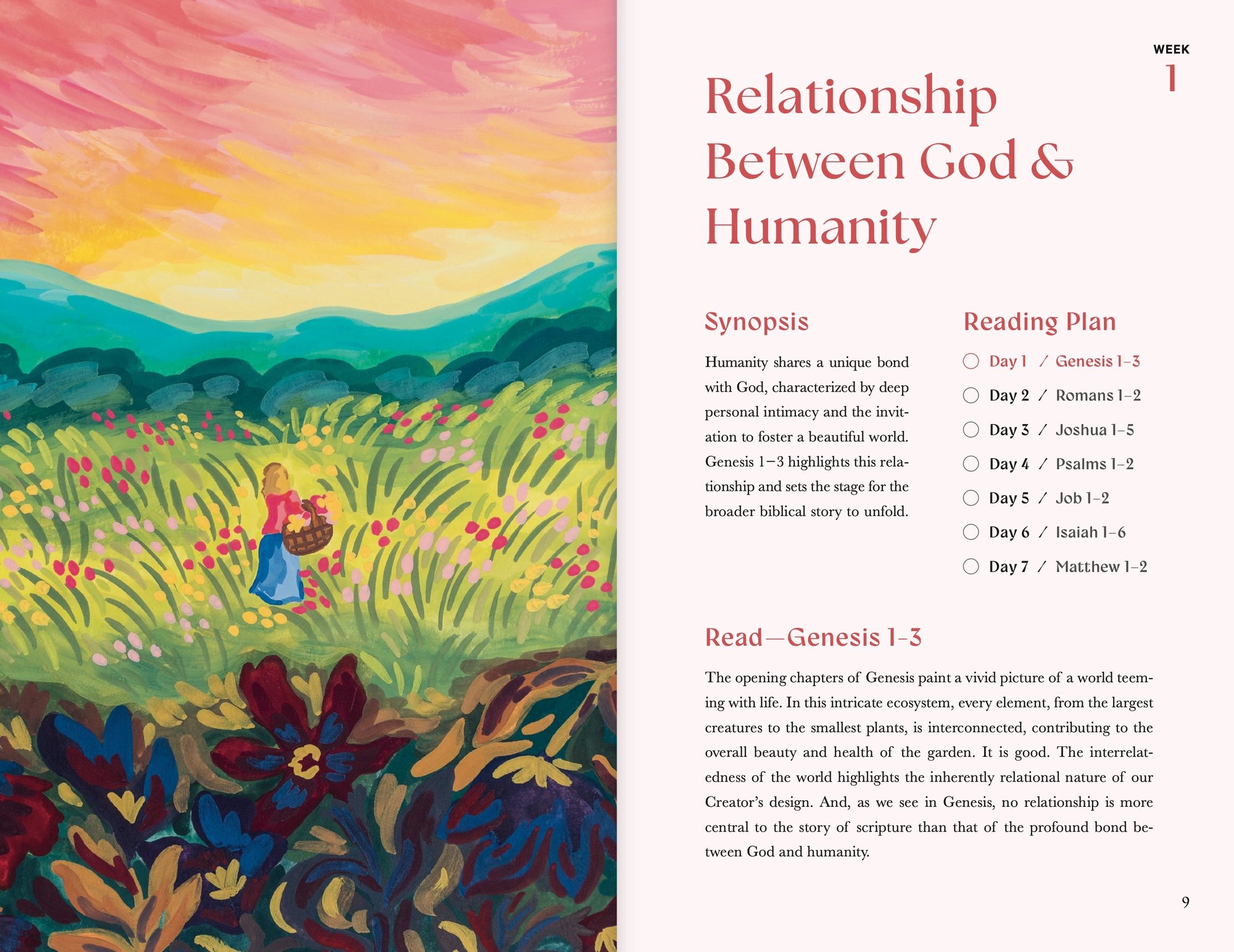 A Beautiful Year in the Bible, Mini: Interior spread, Week 1 artwork and opener, pages 8-9