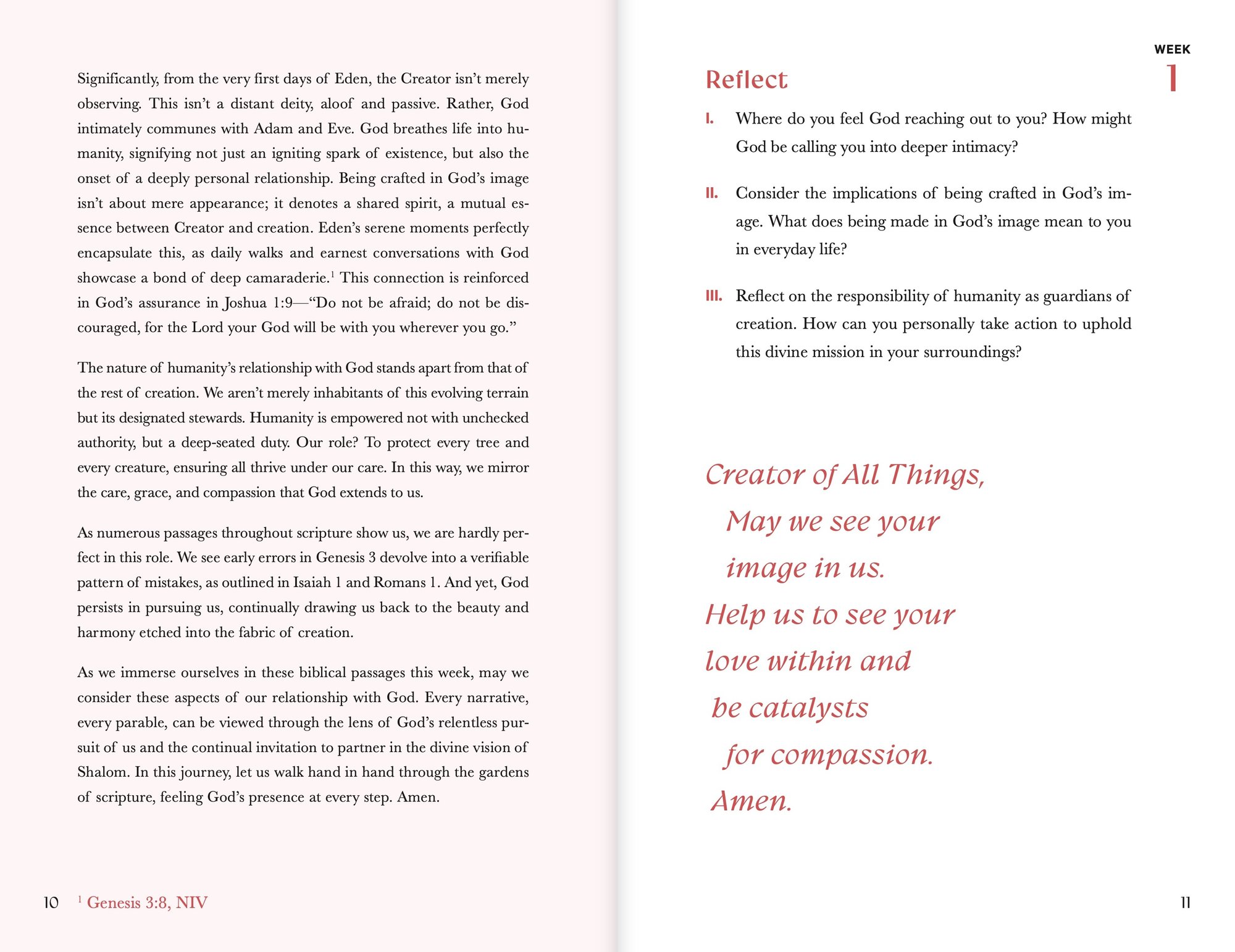 A Beautiful Year in the Bible, Mini: Interior spread, Week 1 read text, reflect and prayer, pages 10-11