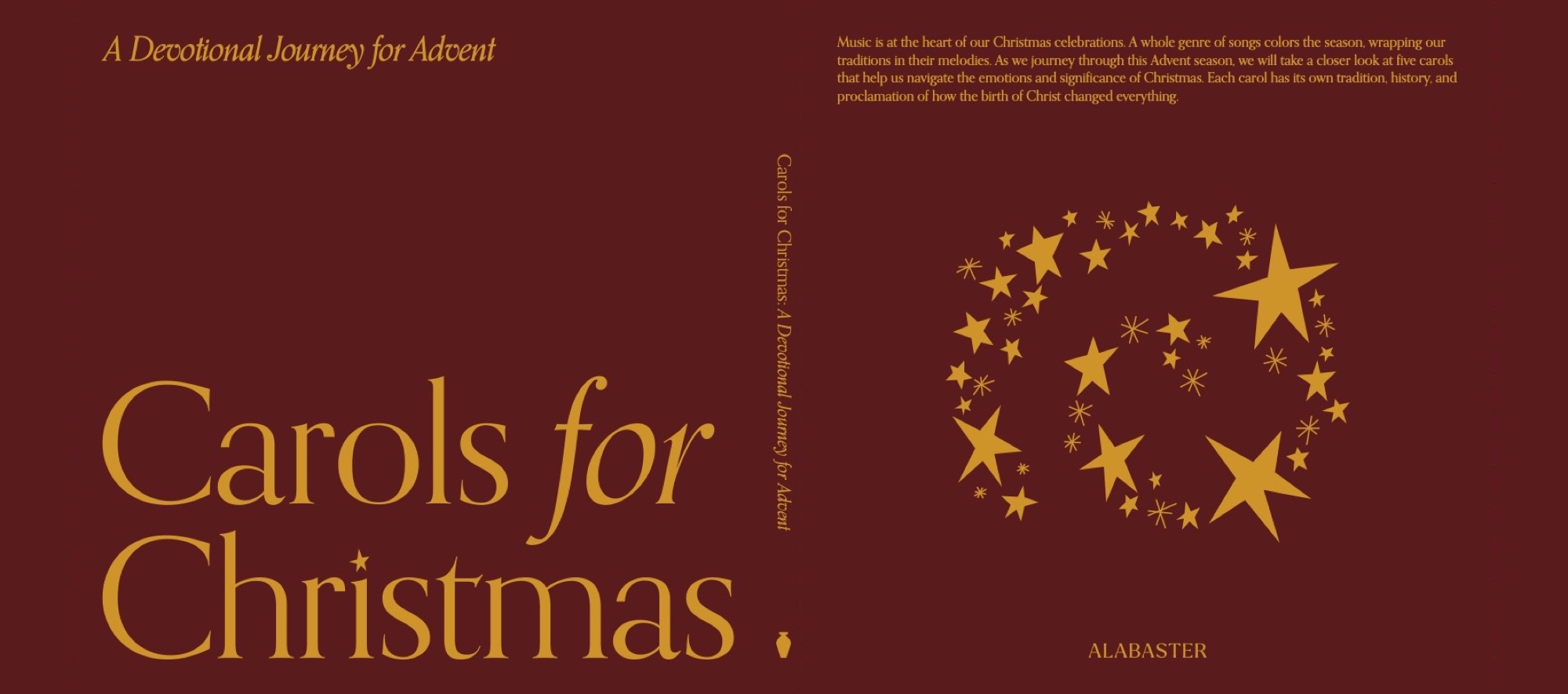 Carols for Christmas: Slipcase wrap, gold foil on burgundy: title panel, spine, star wreath panel
