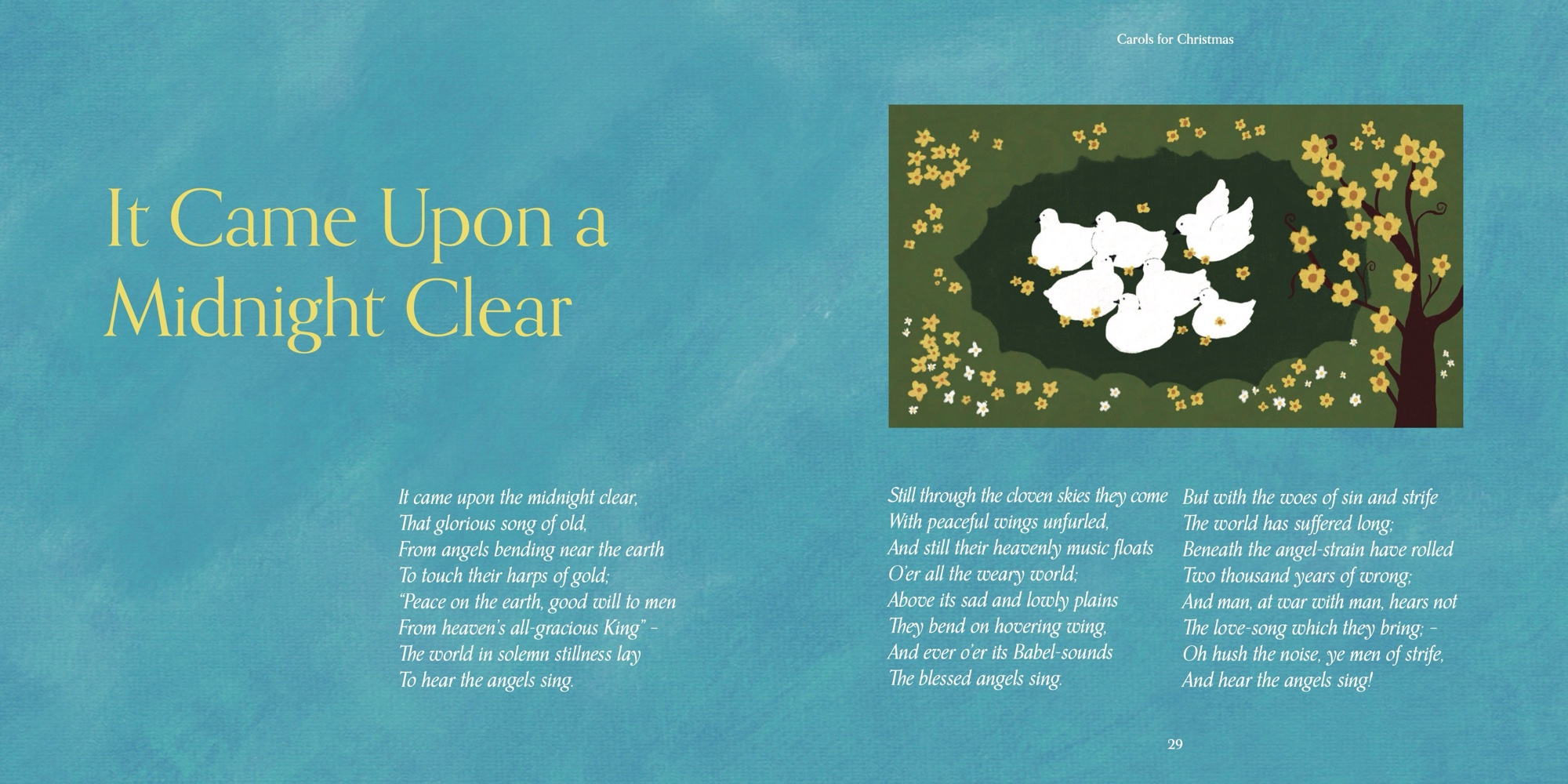 Carols for Christmas: Interior spread, It Came Upon a Midnight Clear, title and lyrics, pages 28-29