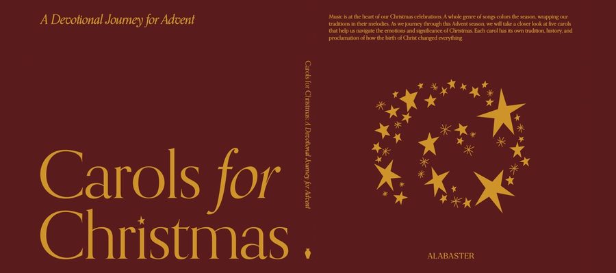 Carols for Christmas: Slipcase wrap, gold foil on burgundy: title panel, spine, star wreath panel