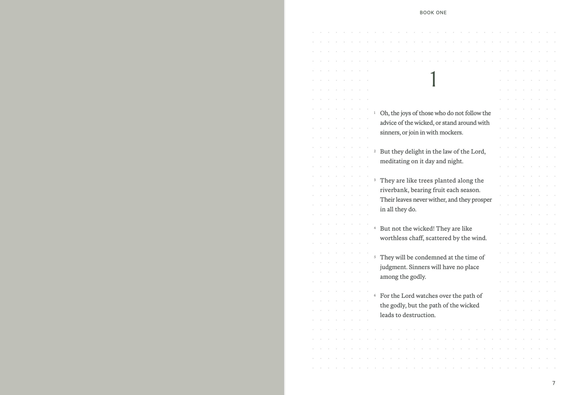 Journal Bibles: Interior spread, Psalms pp. 6-7, Book One opener, Psalm 1