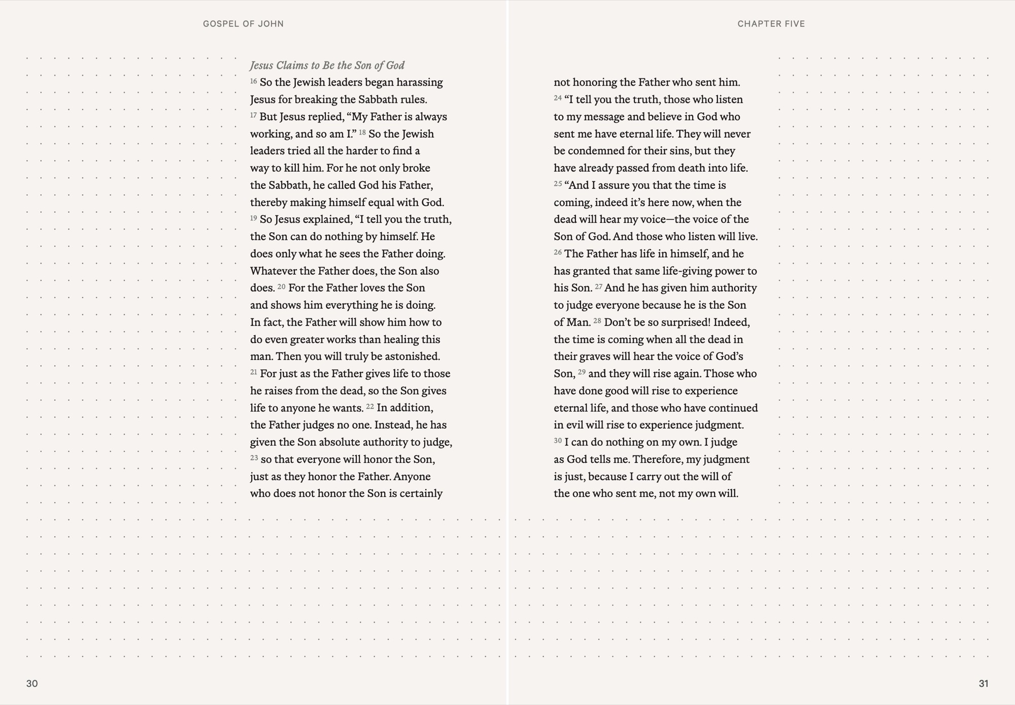 Journal Bibles: Interior spread, John pp. 30-31, John 5:16-30 with dot-grid journaling margins