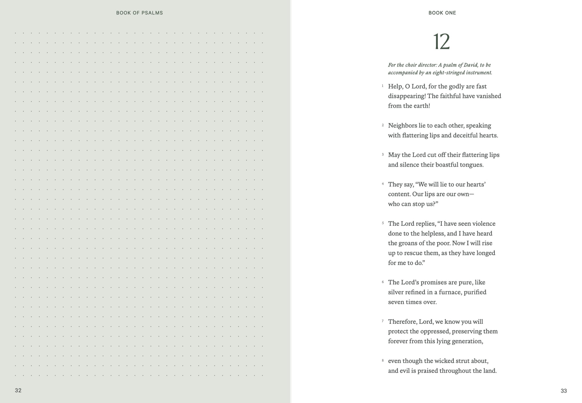 Journal Bibles: Interior spread, Psalms pp. 32-33, dot-grid notes page and Psalm 12