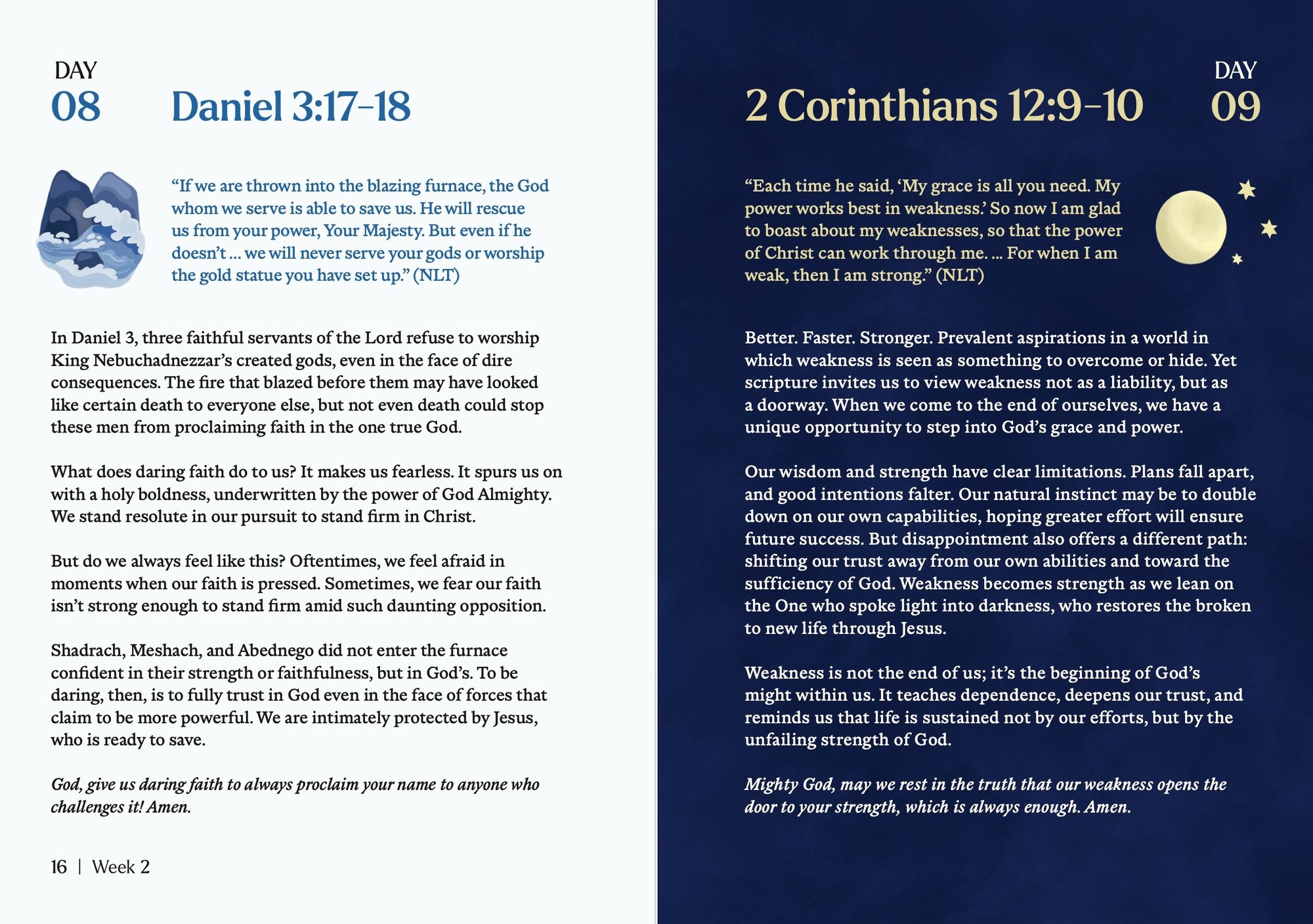 A Beautiful Year Journal, Mini: Interior spread, Day 8, Daniel 3:17-18 and Day 9, 2 Corinthians 12:9-10