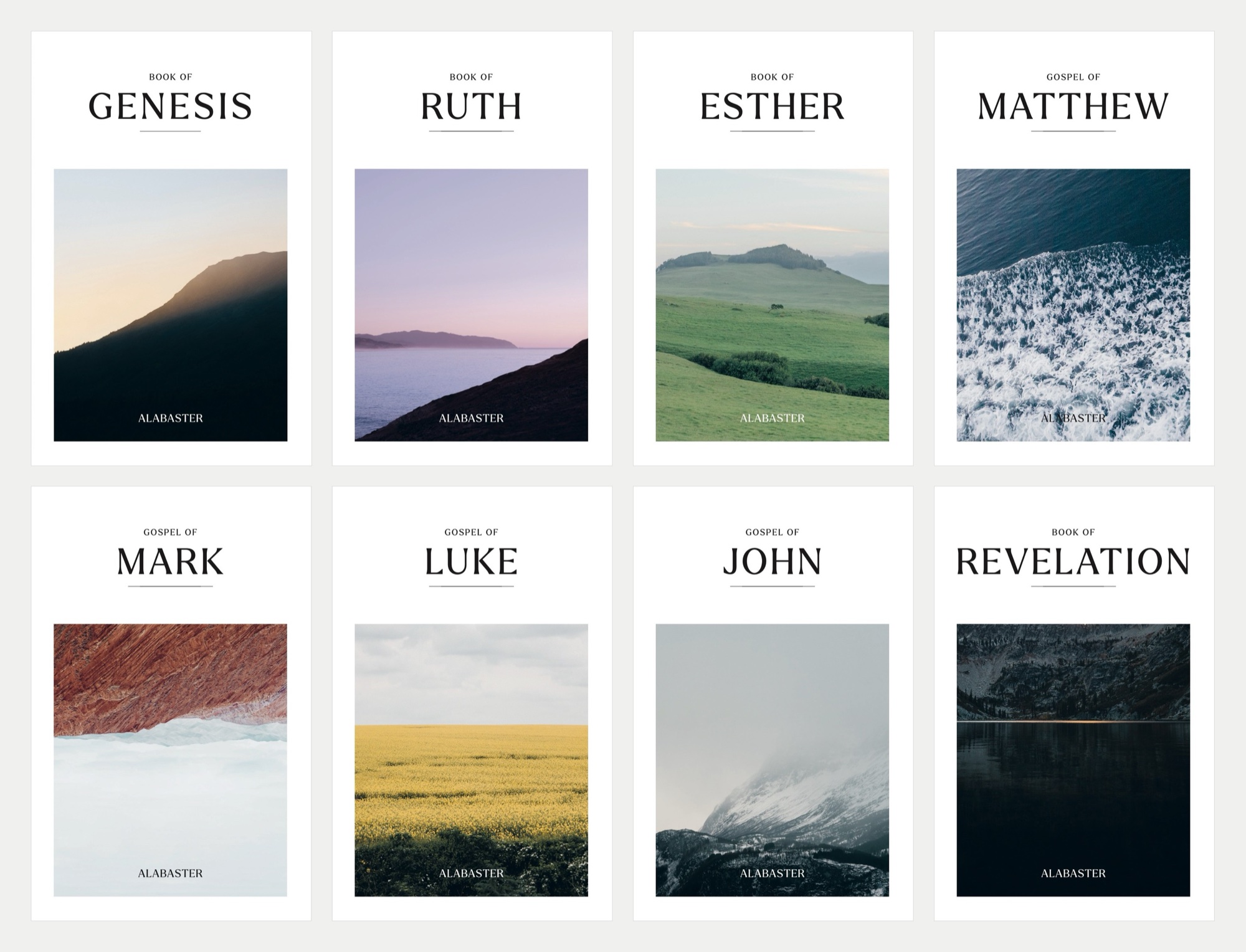 Mini Bibles: Softcover fronts, all eight titles: Genesis, Ruth, Esther, Matthew, Mark, Luke, John, Revelation