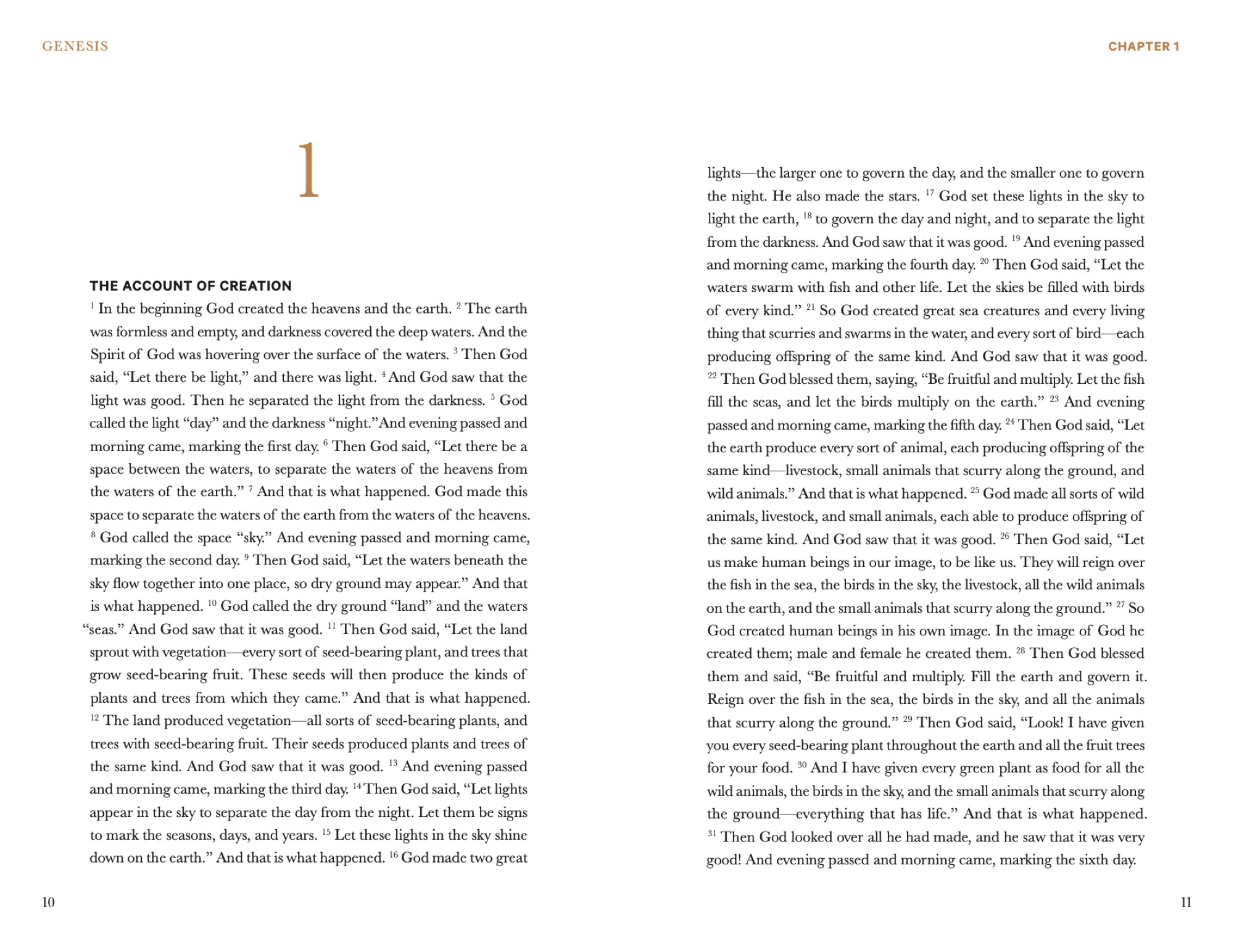 Mini Bibles: Interior spread, Genesis pp. 10-11, chapter 1 opener, The Account of Creation