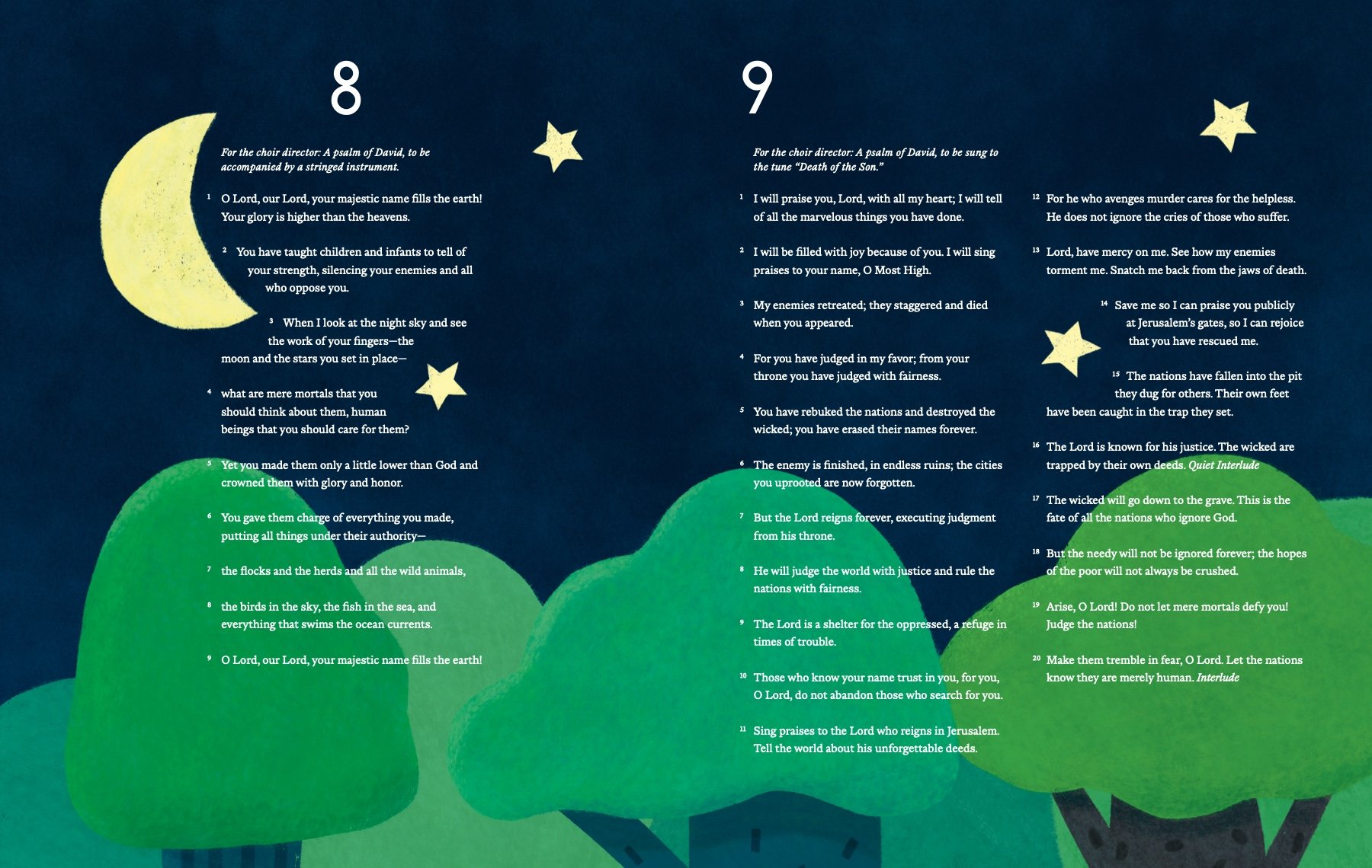 Psalms Illustrated: Interior spread, Psalms 8 and 9