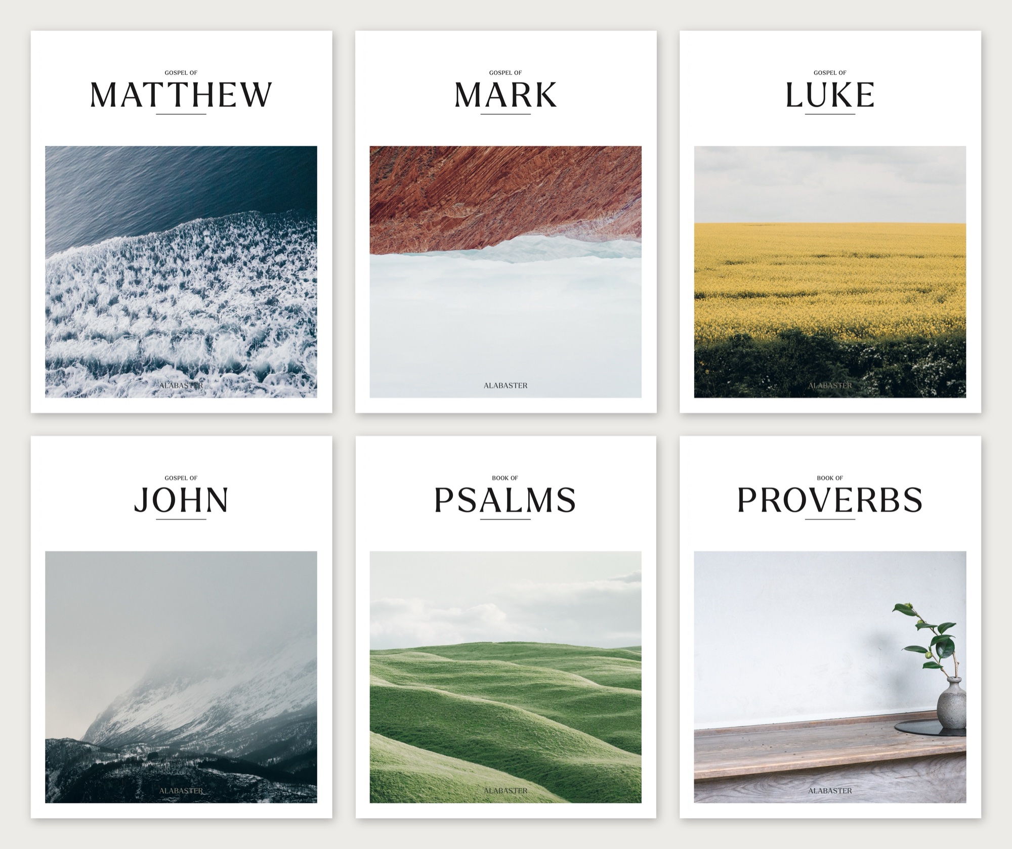 Alabaster Rebrand: Softcover fronts, single-book series after the 2025 rebrand: Matthew, Mark, Luke, John, Psalms, Proverbs