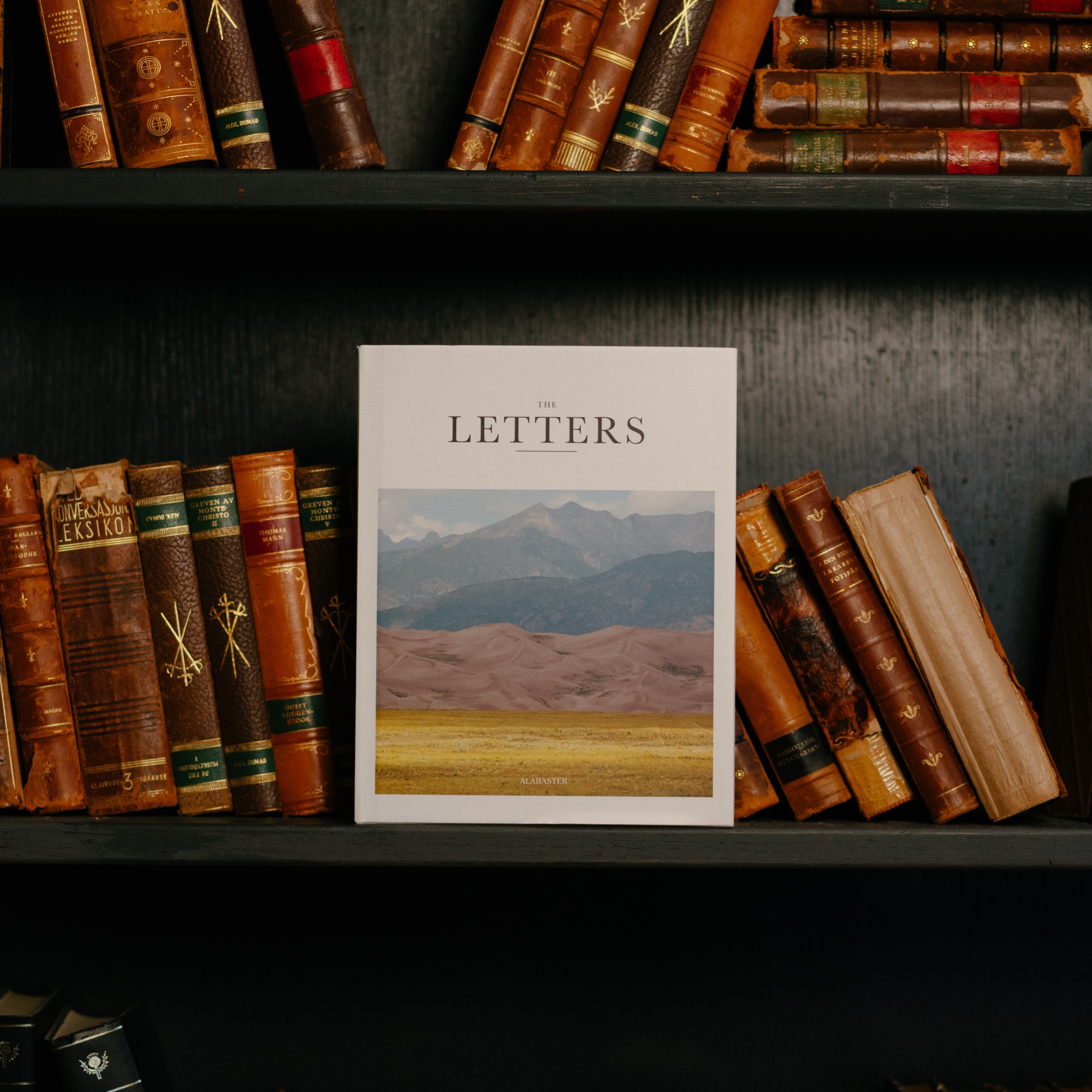 Alabaster Rebrand: Lifestyle, New York rebrand shoot 2025, The Letters dust jacket on the shelf