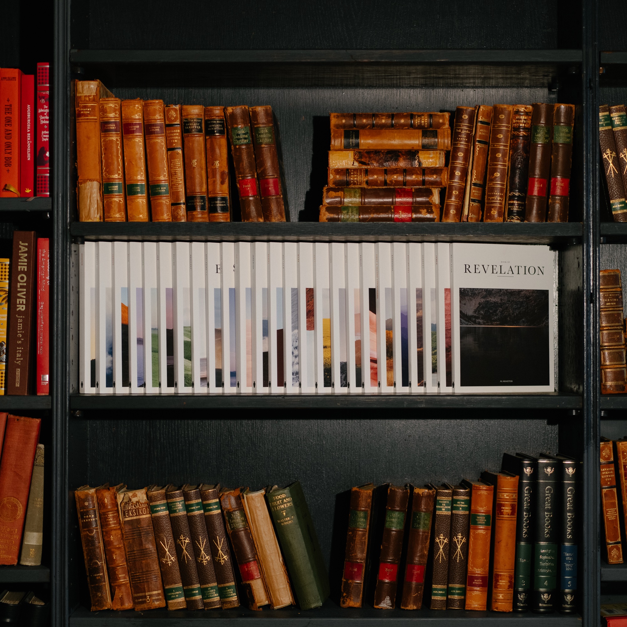 Alabaster Rebrand: Lifestyle, New York rebrand shoot 2025, the single-book series shelved as a row with Revelation face out