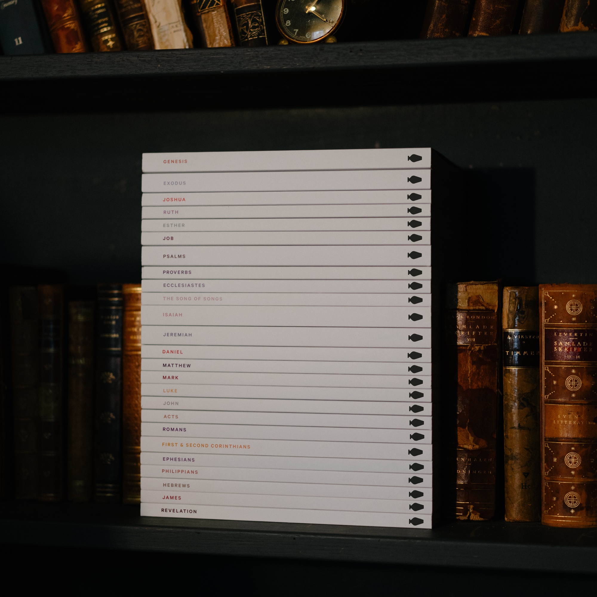 Alabaster Rebrand: Lifestyle, New York rebrand shoot 2025, stacked single-book softcovers, Genesis to Revelation, spine titles and jar mark