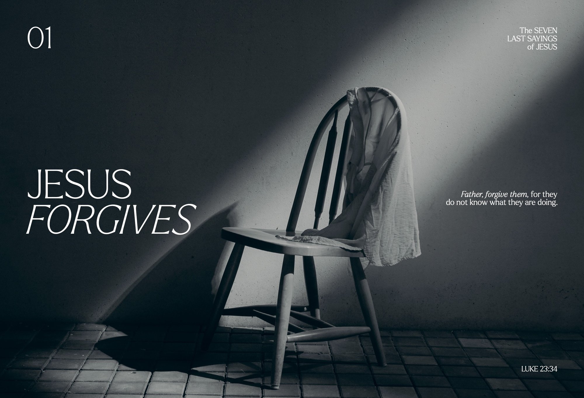 The Seven Last Sayings of Jesus: Interior spread, chapter 1 opener, Jesus Forgives, pp. 8-9