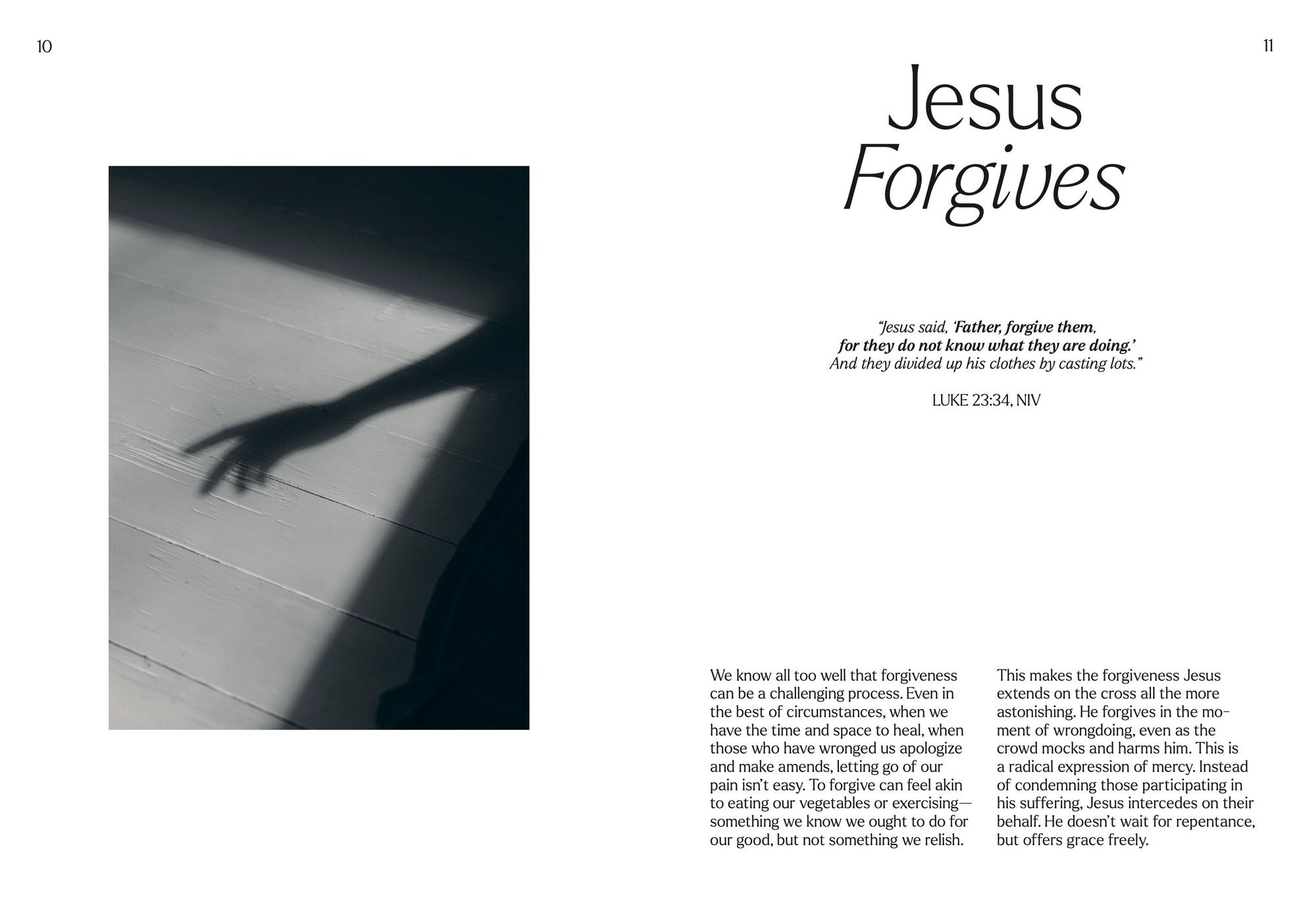 The Seven Last Sayings of Jesus: Interior spread, chapter 1 opening text, pp. 10-11