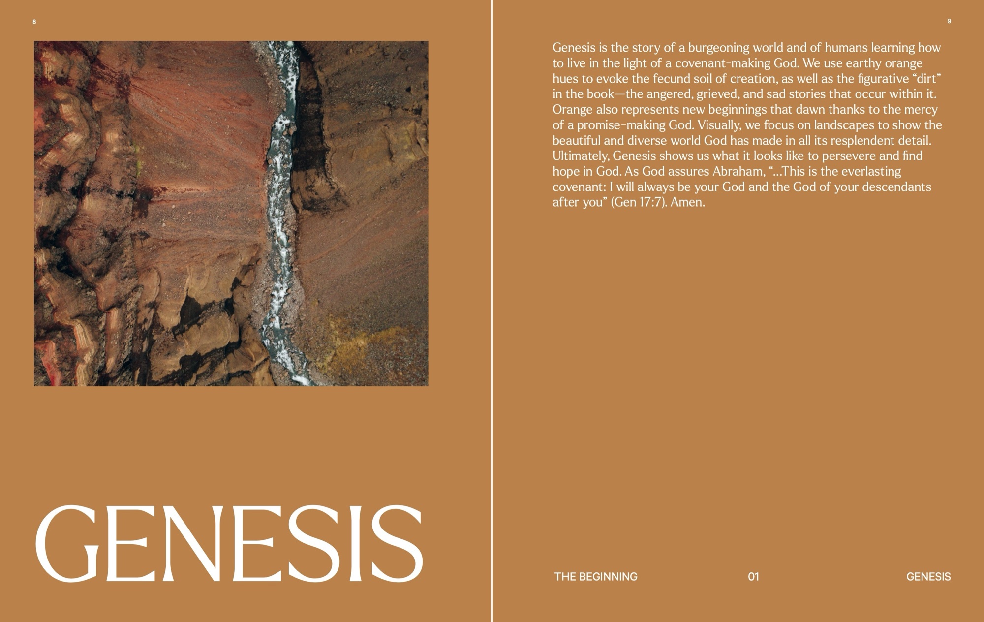 The Beginning: Interior spread, Genesis opener, pages 8-9