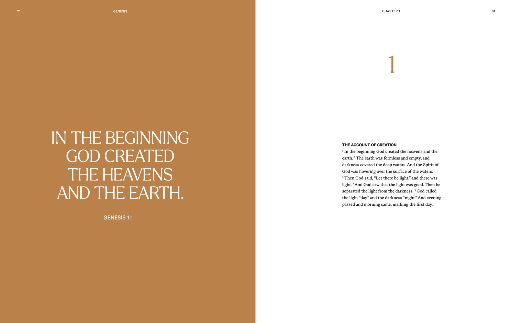 The Beginning: Interior spread, Genesis 1:1 and chapter 1, pages 12-13