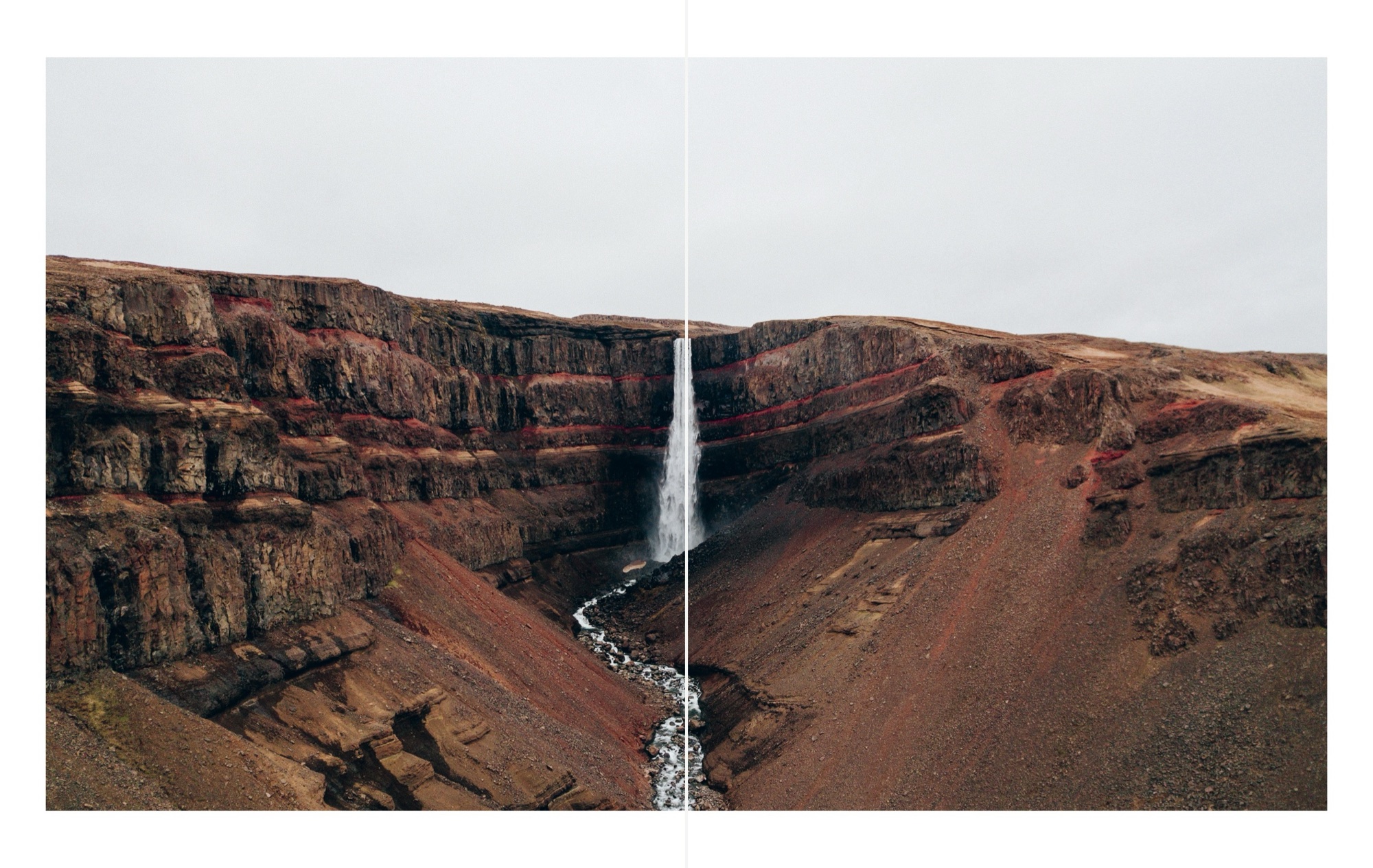 The Beginning: Interior spread, waterfall photograph across the gutter